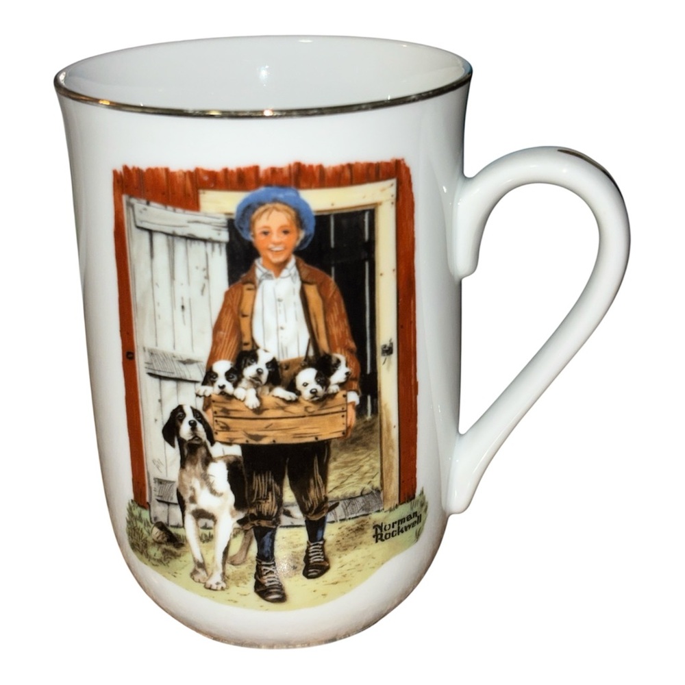 NORMAN ROCKWELL MUSEUM Vintage 1985 Porcelain Gold Trim “Puppy Love” Coffee Mug